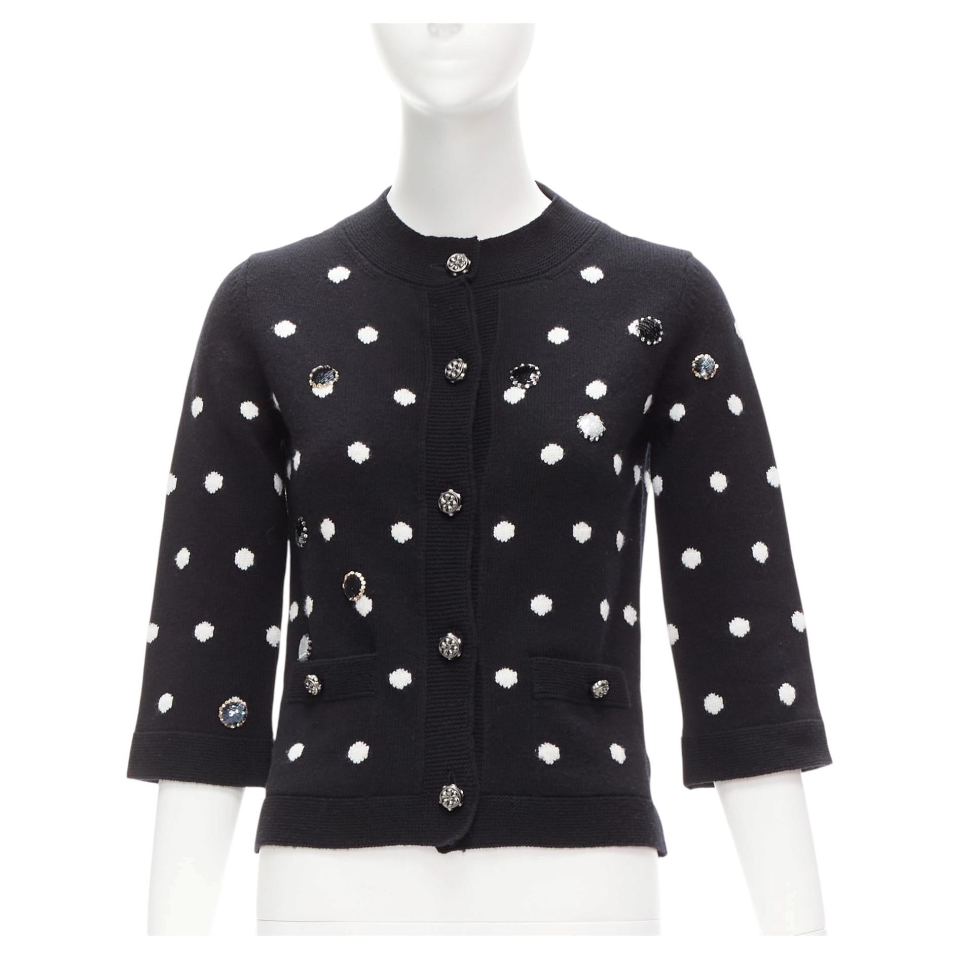 CHANEL 08A 100% cashmere silver embellished black polka dot cardigan FR34 XS