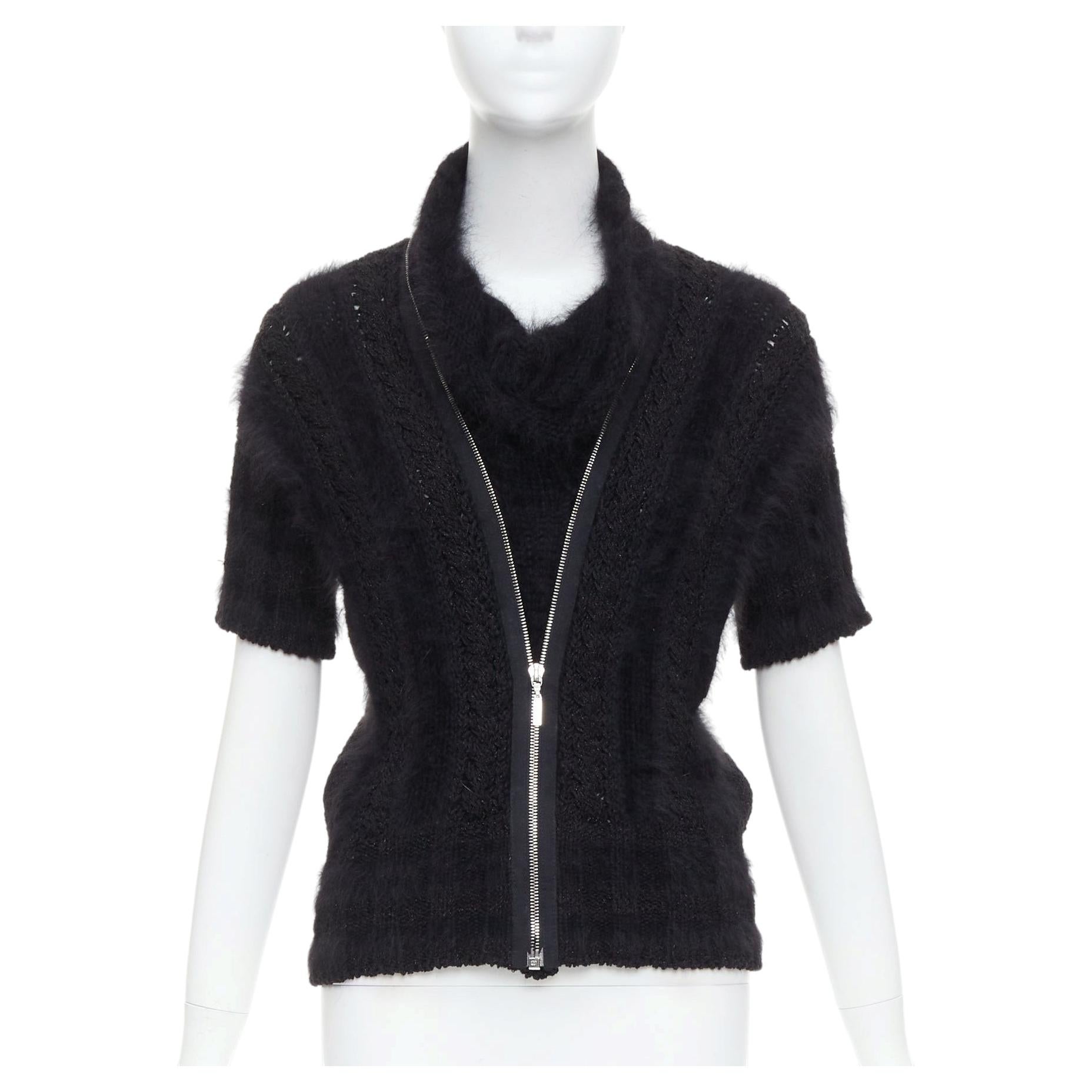 CHANEL 08A black fluffy angora blend CC zip layered sweater FR36 S For Sale
