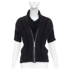 CHANEL 08A black fluffy angora blend CC zip layered sweater FR36 S