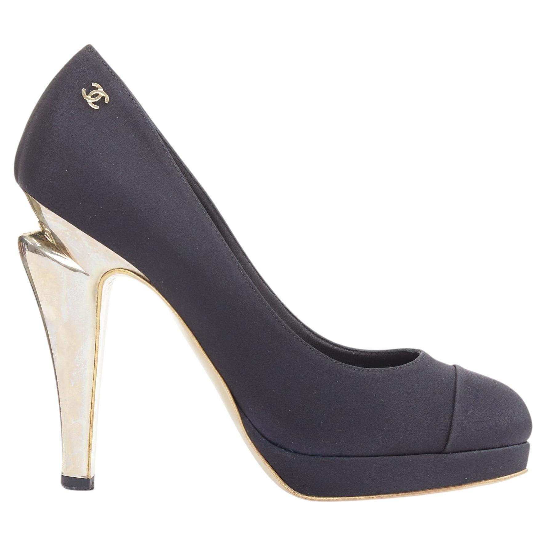 CHANEL 08A black satin cap toe sculpted metal bolt heel platform pumps EU37.5 For Sale