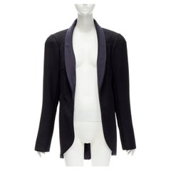 CHANEL 08A black wool shawl collar rounded shoulder long blazer jacket FR50 5XL