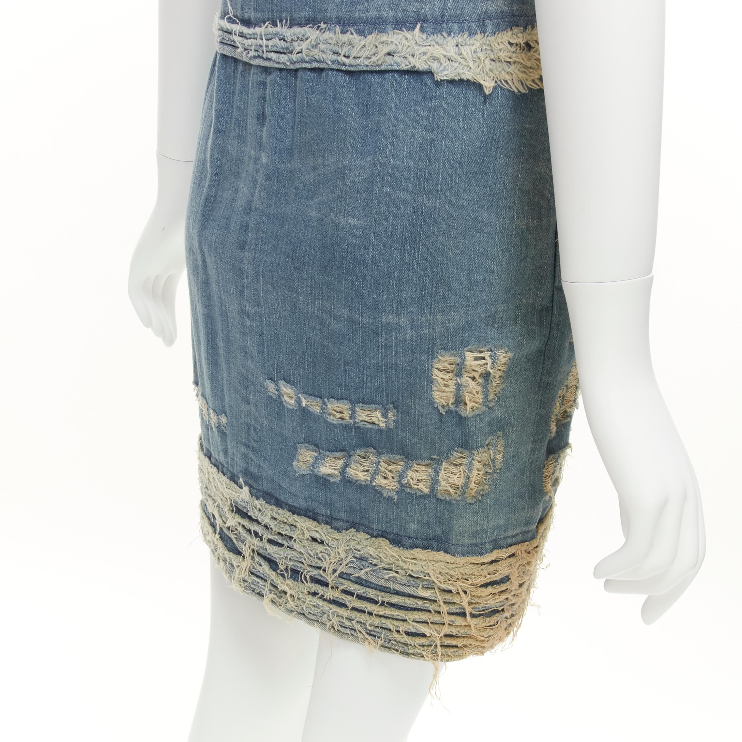 CHANEL 08A Carousel Runway blue distressed denim pocketed zip front dress FR36 S 5