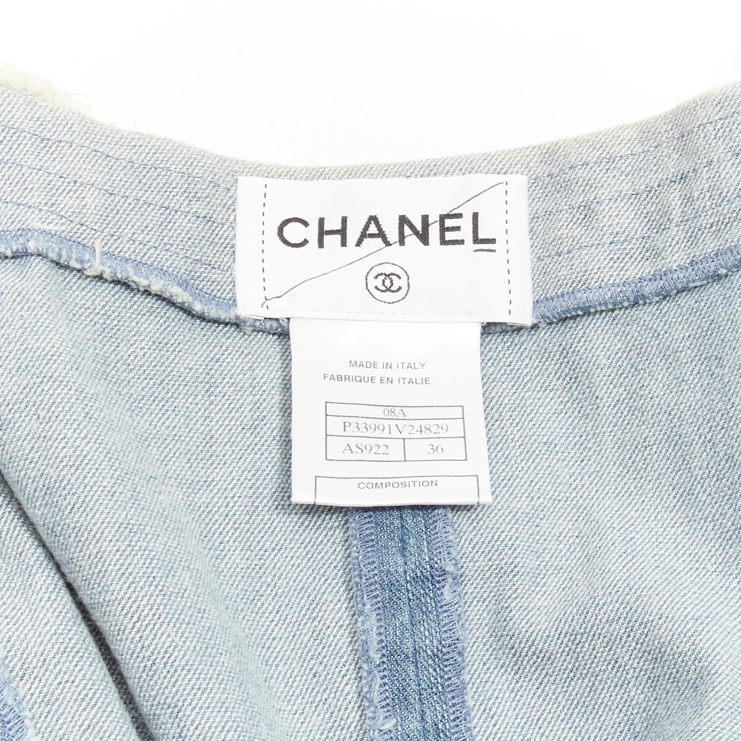 CHANEL 08A Carousel Runway blue distressed denim pocketed zip front dress FR36 S 6