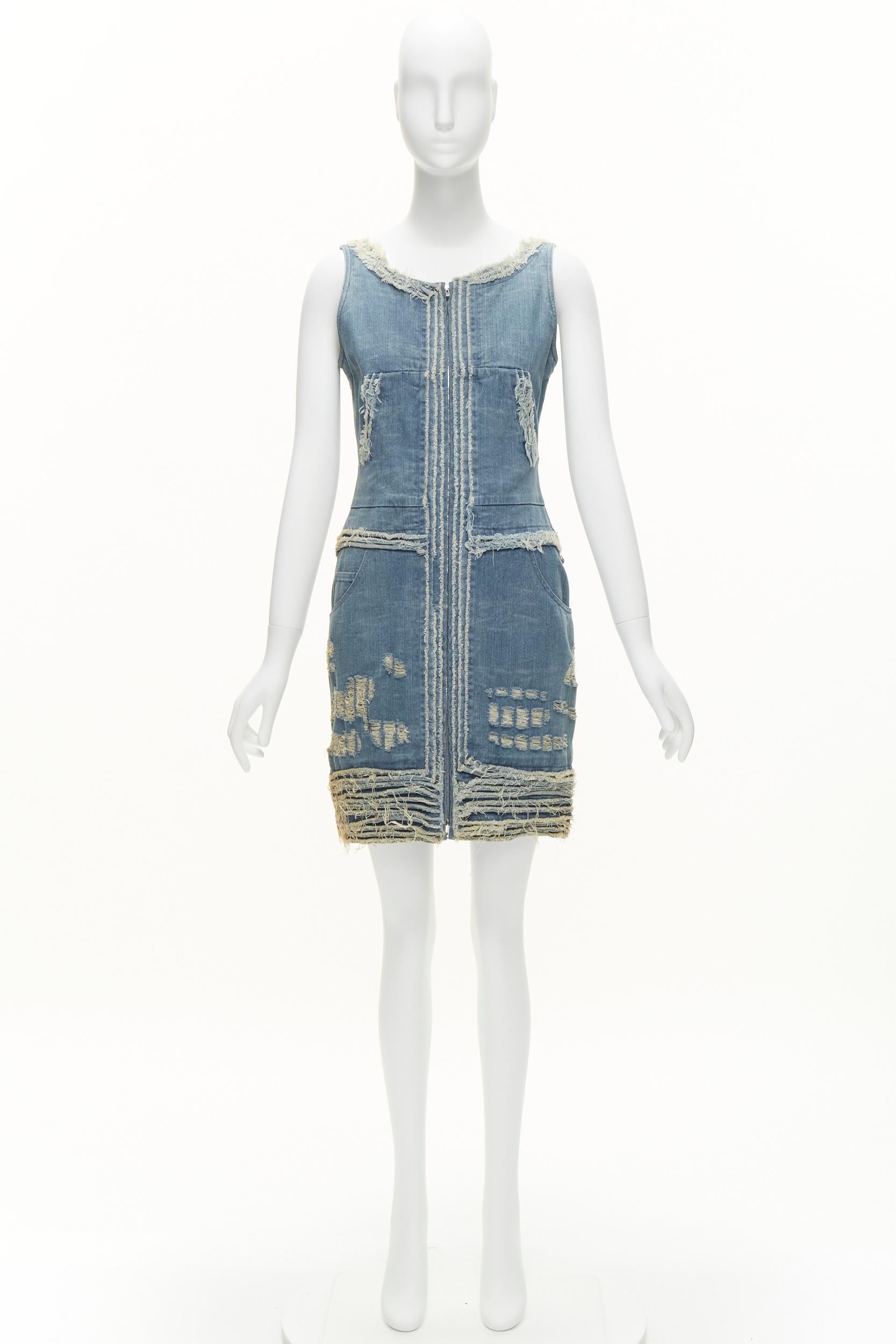 CHANEL 08A Carousel Runway blue distressed denim pocketed zip front dress FR36 S 7