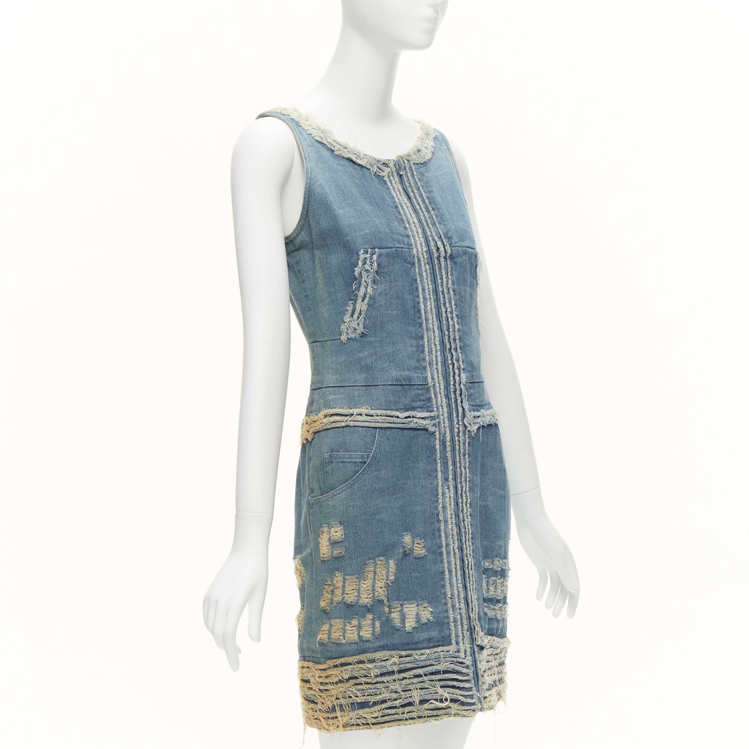 Gray CHANEL 08A Carousel Runway blue distressed denim pocketed zip front dress FR36 S
