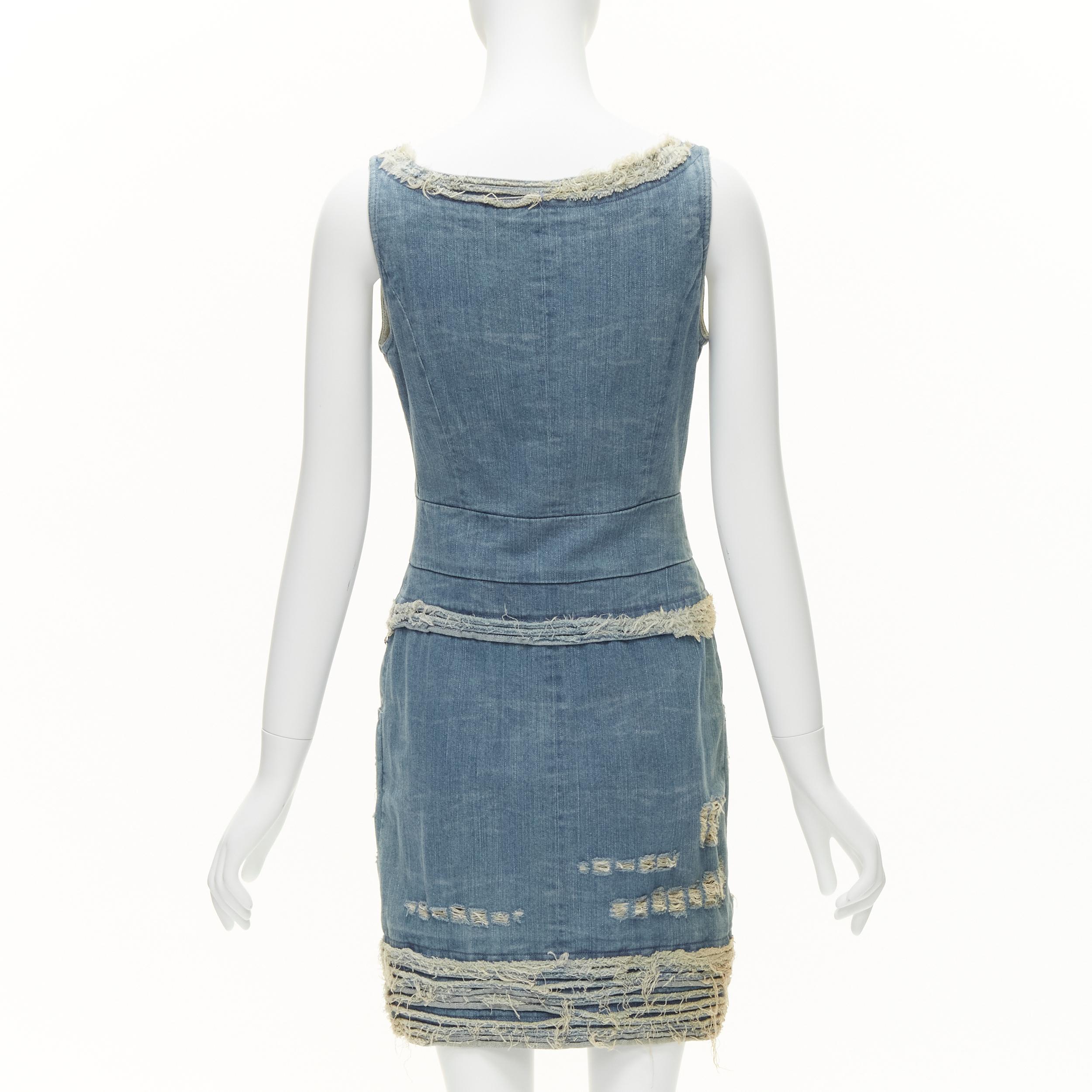 Women's CHANEL 08A Carousel Runway blue distressed denim pocketed zip front dress FR36 S