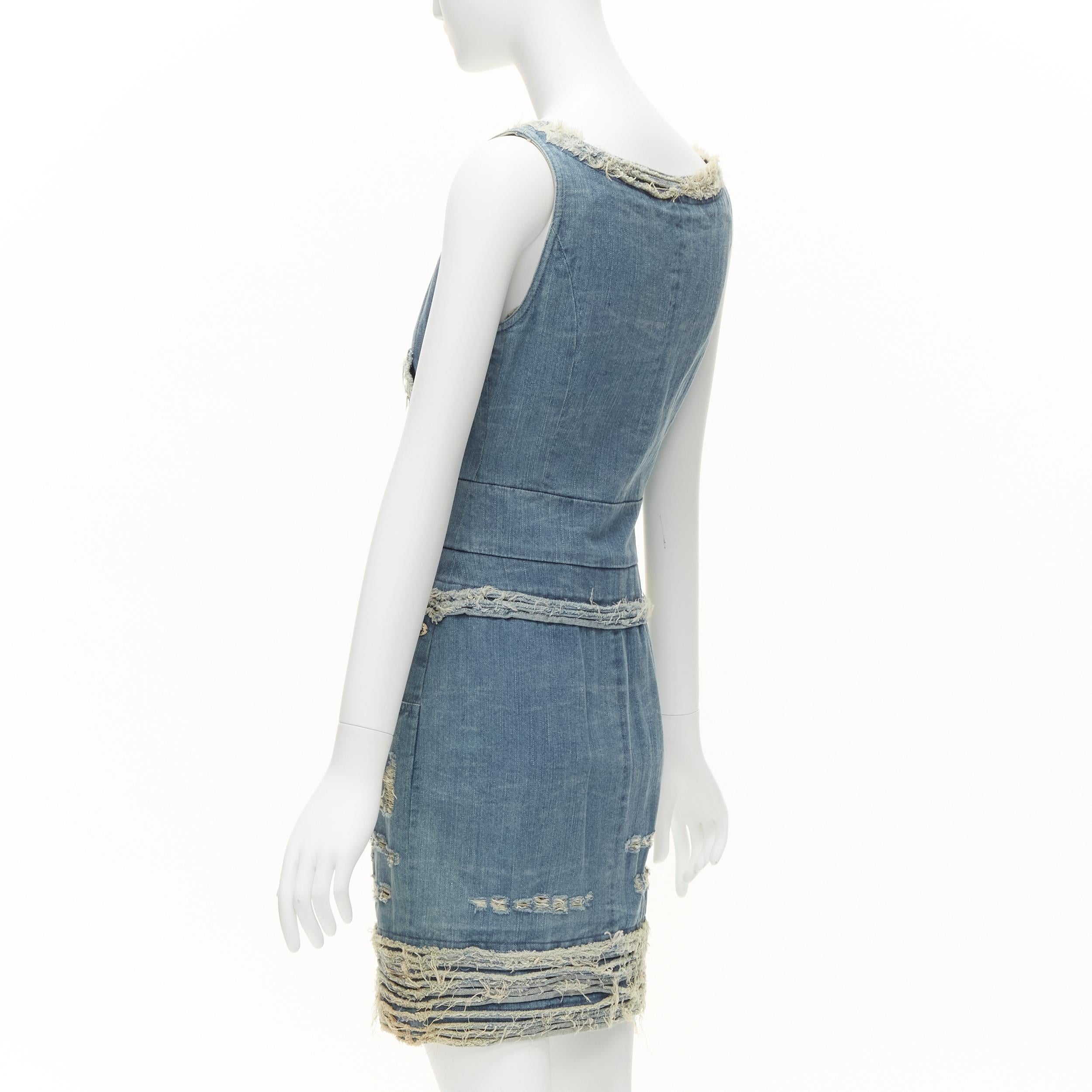 CHANEL 08A Carousel Runway blue distressed denim pocketed zip front dress FR36 S For Sale 1