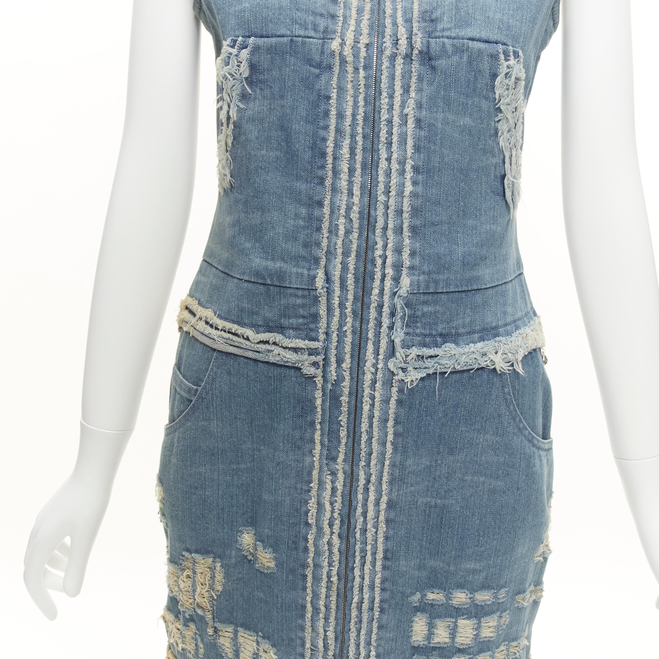 CHANEL 08A Carousel Runway blue distressed denim pocketed zip front dress FR36 S 2