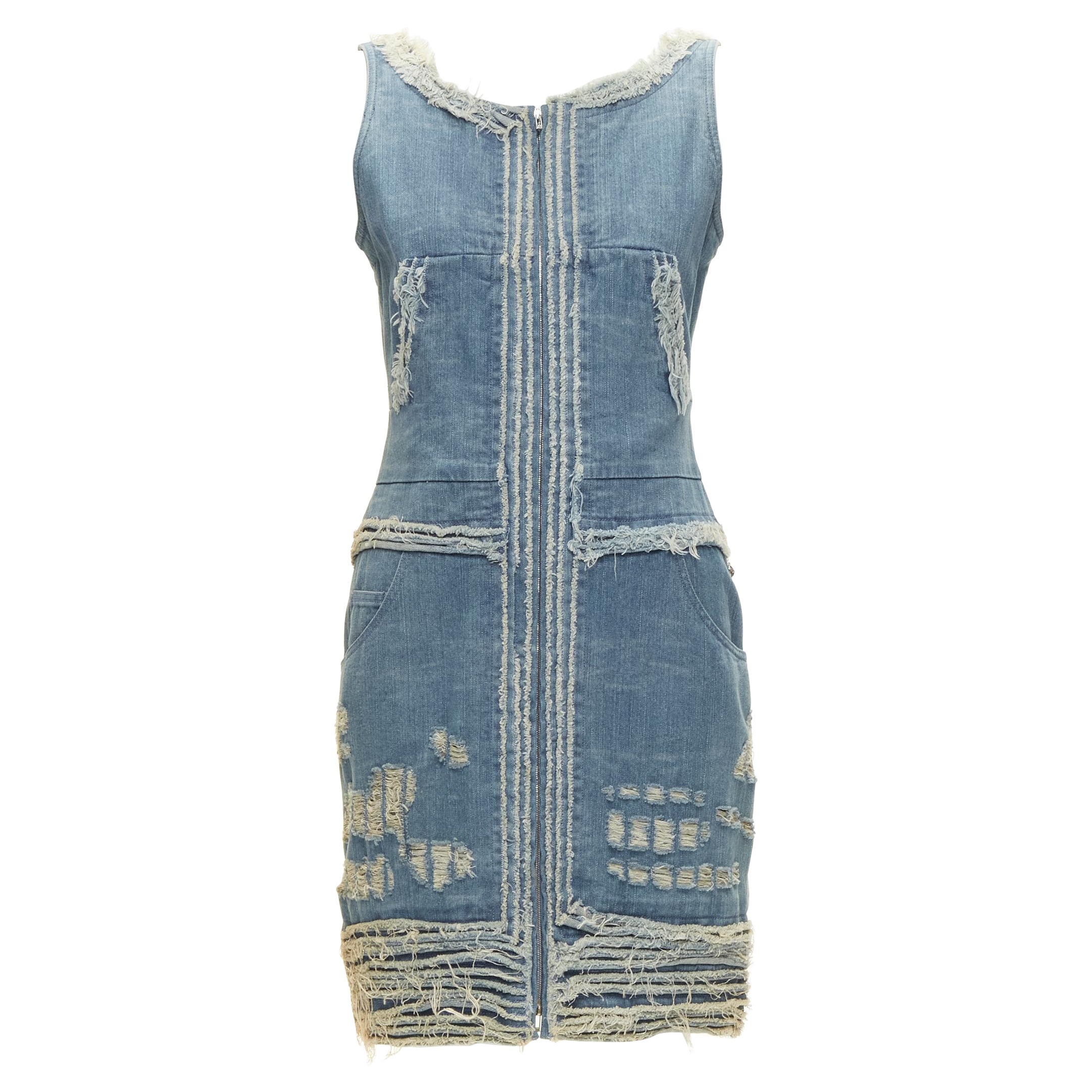 CHANEL 08A Carousel Runway blue distressed denim pocketed zip front dress FR36 S