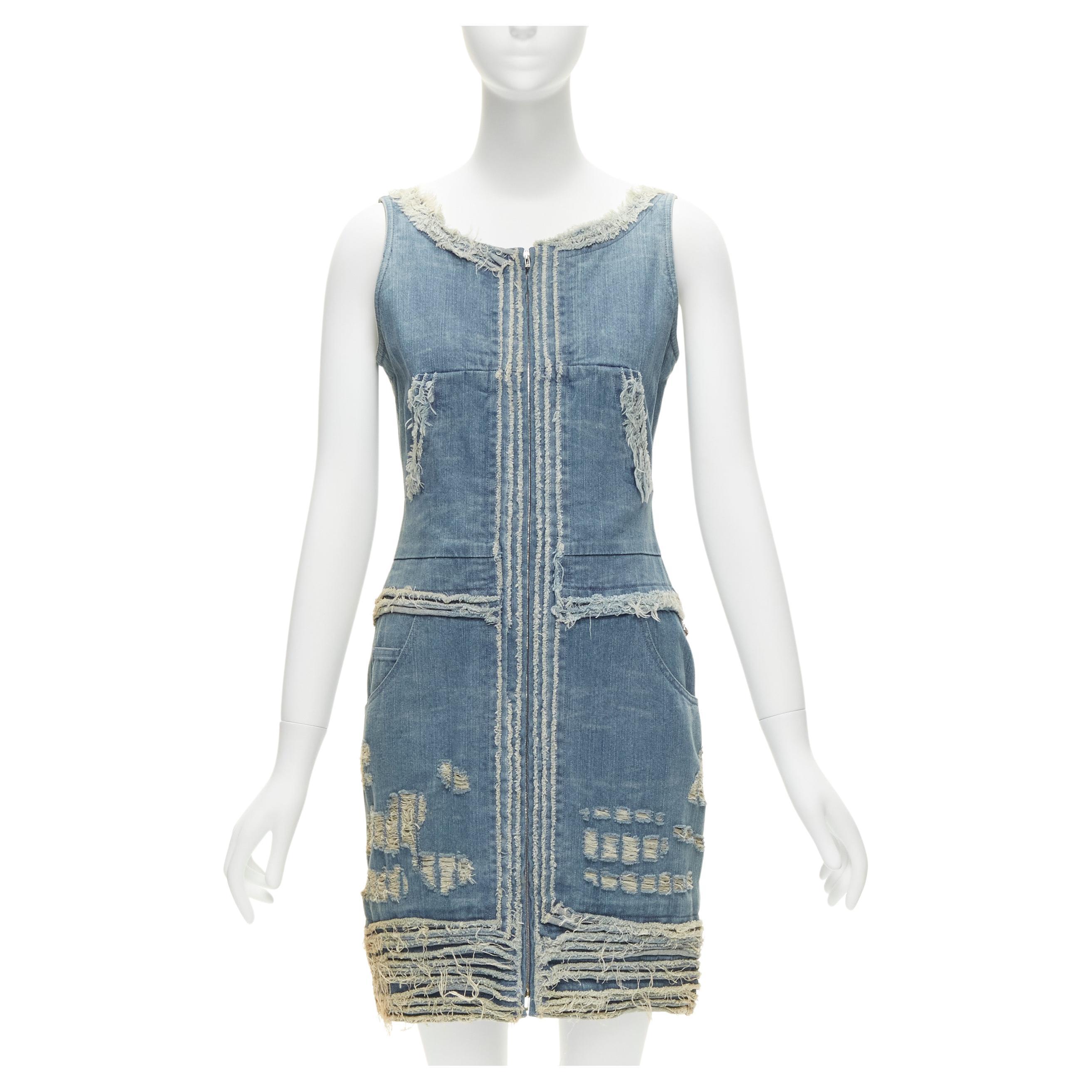 CHANEL 08A Carousel Runway blue distressed denim pocketed zip front dress FR36 S For Sale