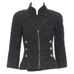 CHANEL 08A grey tweed zipper piping crystal CC double breasted biker jacket Fr34