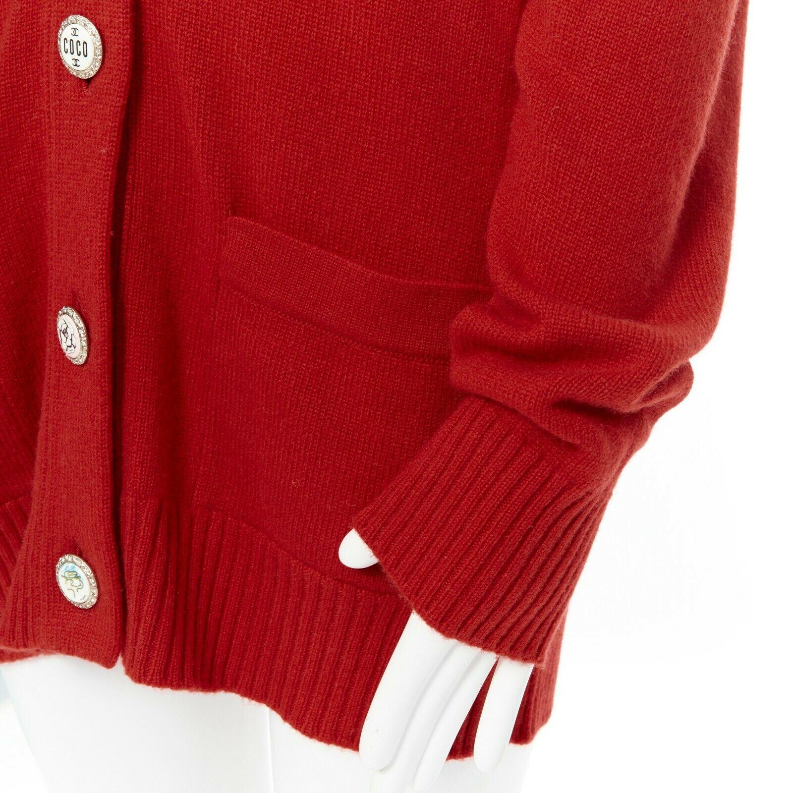 CHANEL 08A red cashmere knit rib shawl collar crystal button cardigan FR38 5