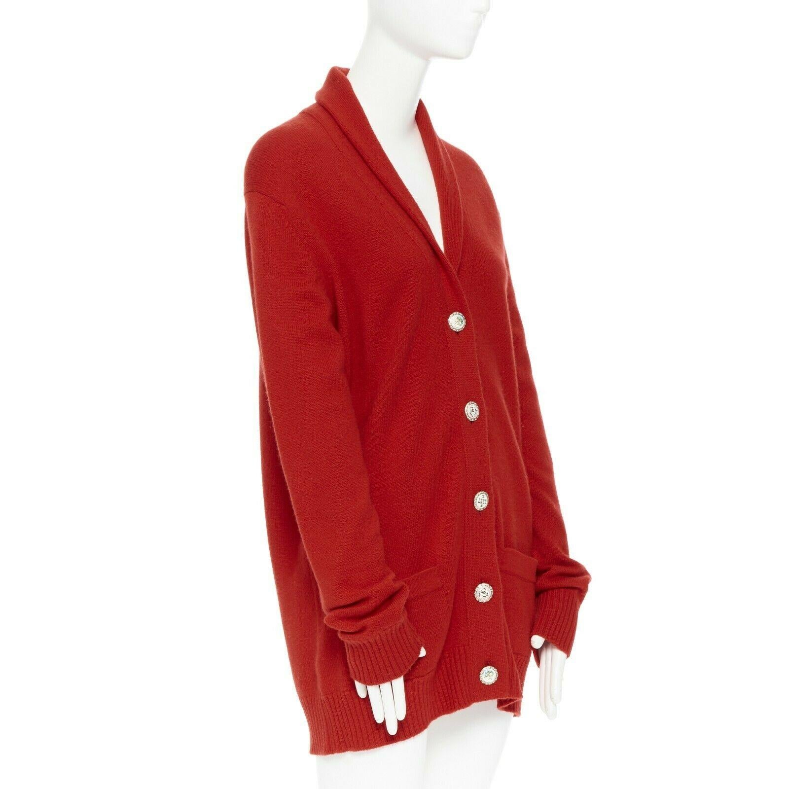 Red CHANEL 08A red cashmere knit rib shawl collar crystal button cardigan FR38