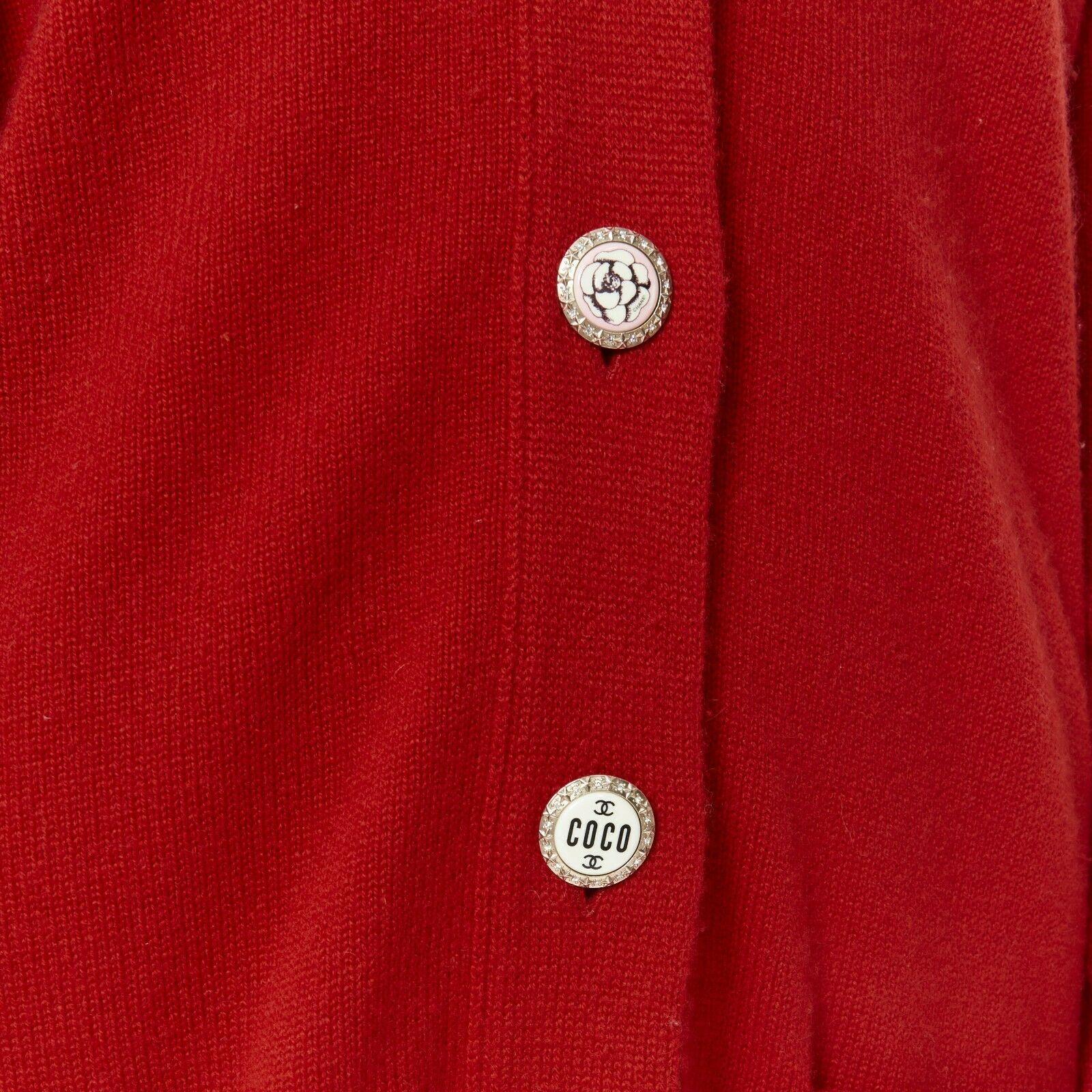 CHANEL 08A red cashmere knit rib shawl collar crystal button cardigan FR38 4