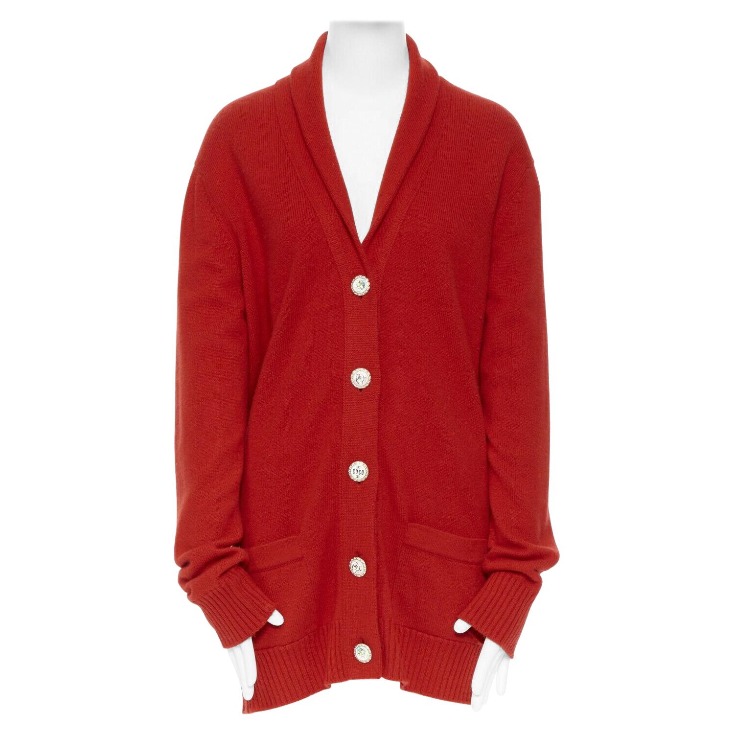 CHANEL 08A red cashmere knit rib shawl collar crystal button cardigan FR38