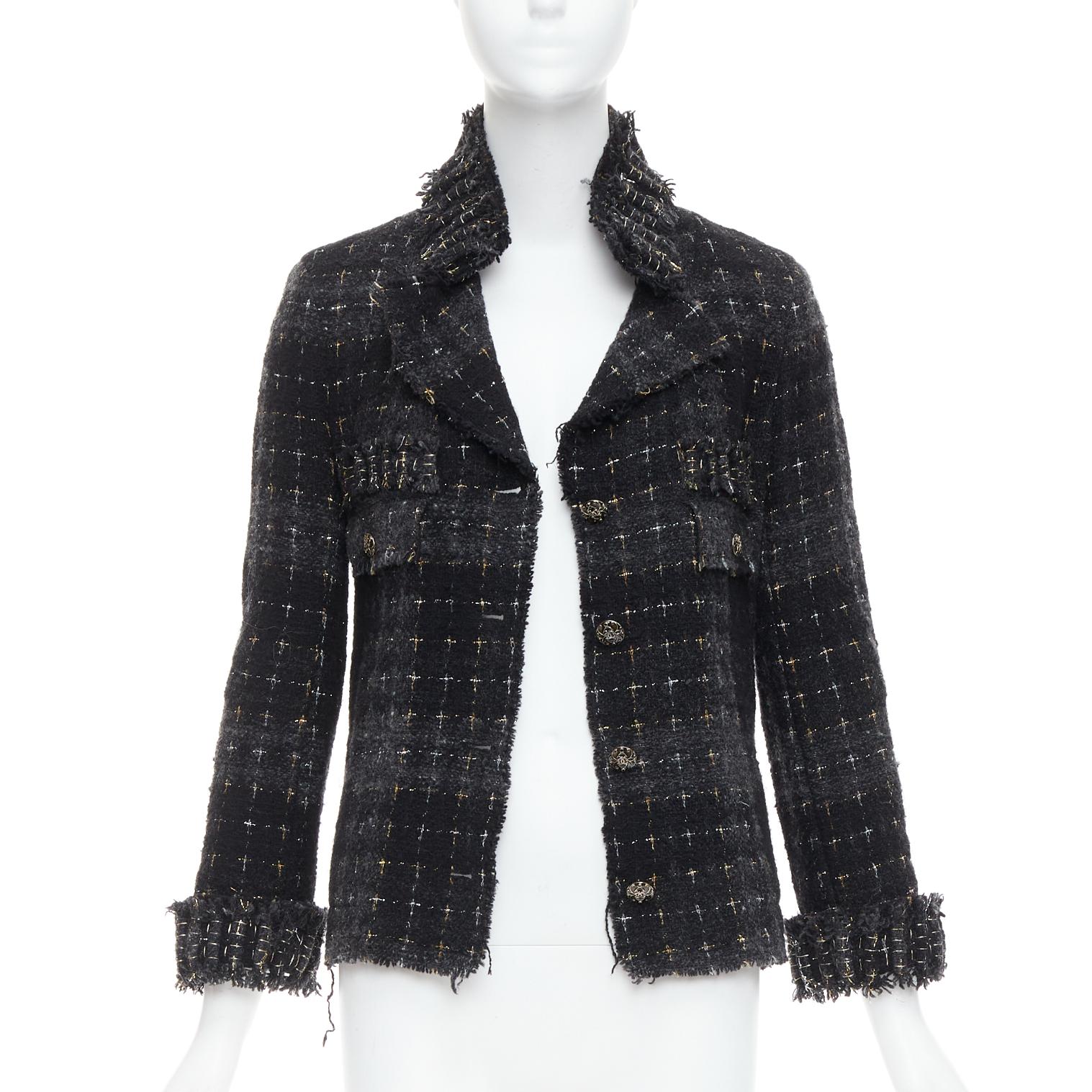 Nero Chanel 08A Giacca in tweed fantasia passerella nero grigio argento oro lana applique FR36 in vendita