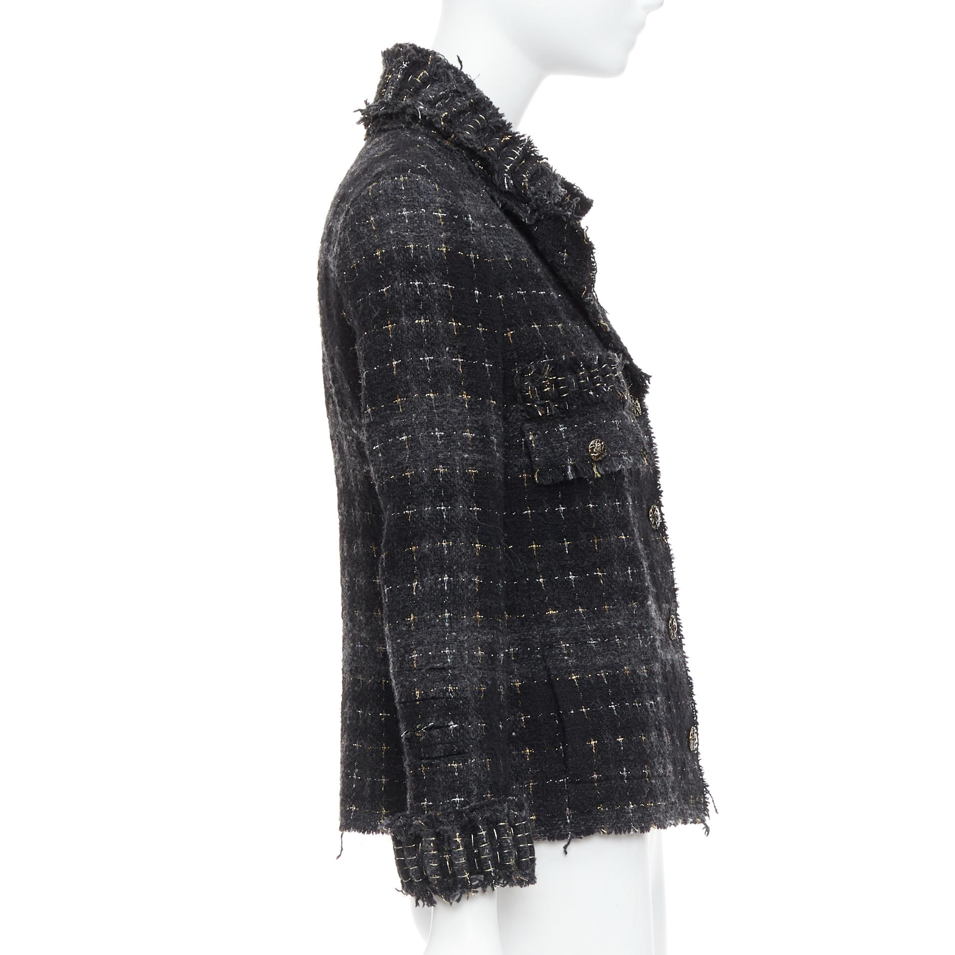 Donna Chanel 08A Giacca in tweed fantasia passerella nero grigio argento oro lana applique FR36 in vendita