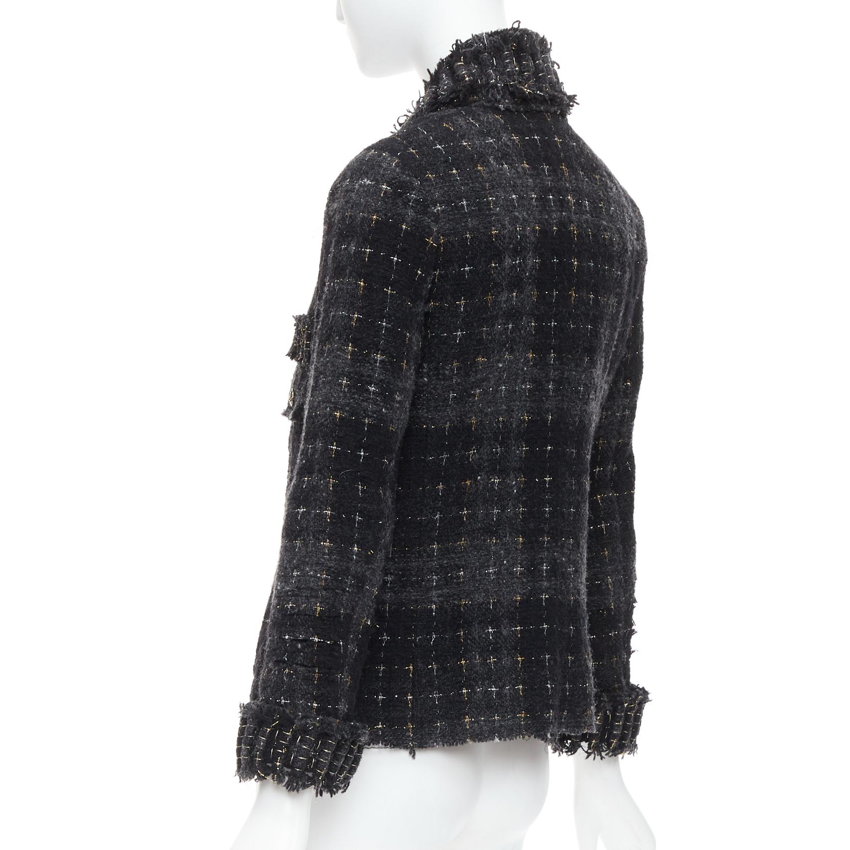 Chanel 08A Giacca in tweed fantasia passerella nero grigio argento oro lana applique FR36 in vendita 2