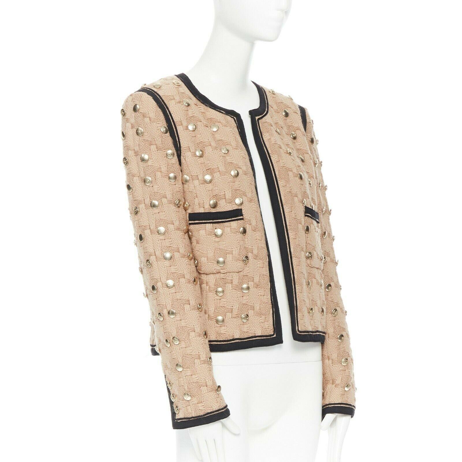 CHANEL 08A sand beige wool weave basket knit gold button embellish jacket FR44 In Good Condition In Hong Kong, NT