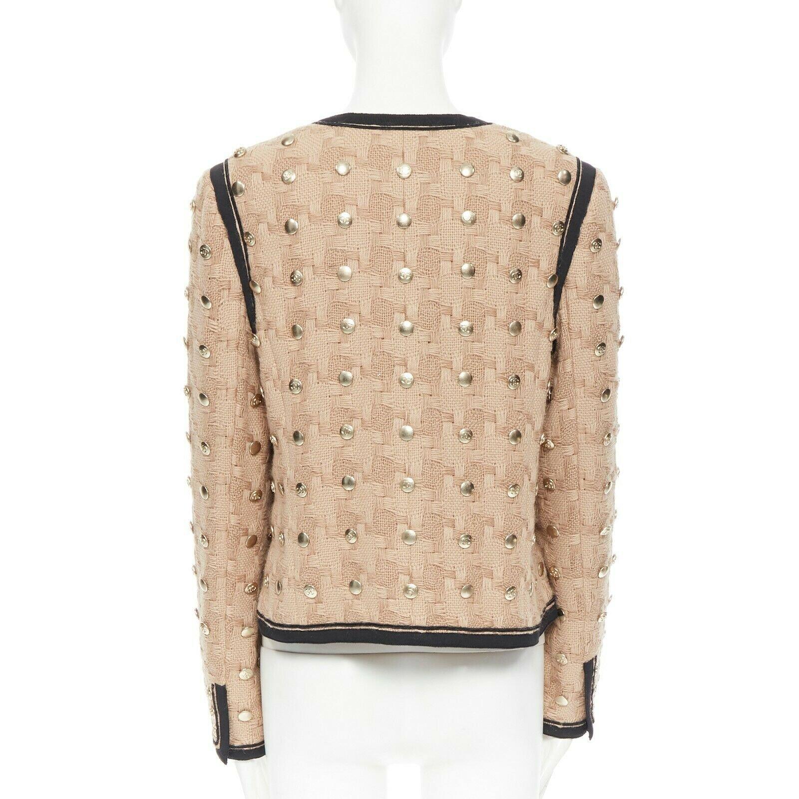 CHANEL 08A sand beige wool weave basket knit gold button embellish jacket FR44 1