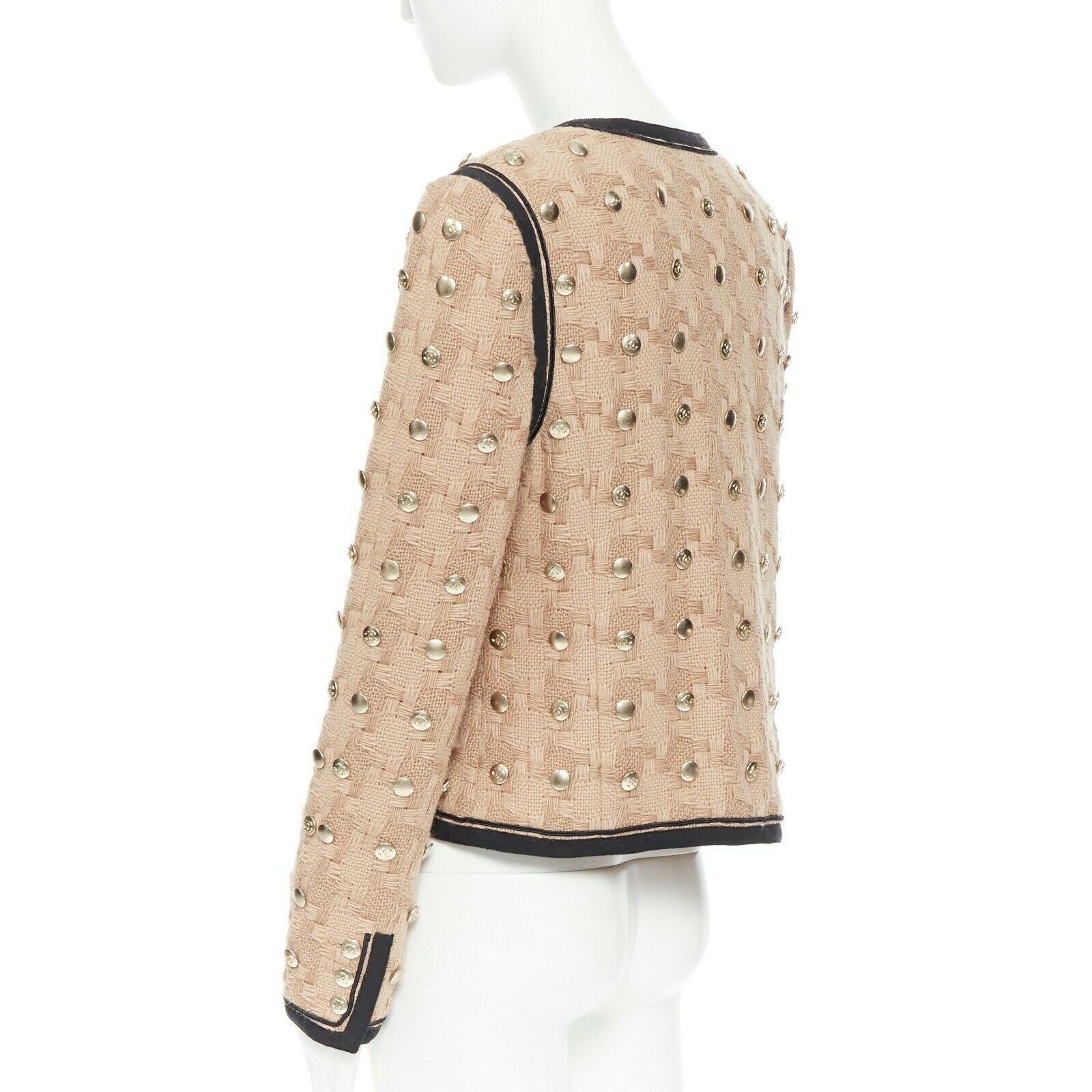 CHANEL 08A sand beige wool weave basket knit gold button embellish jacket FR44 2