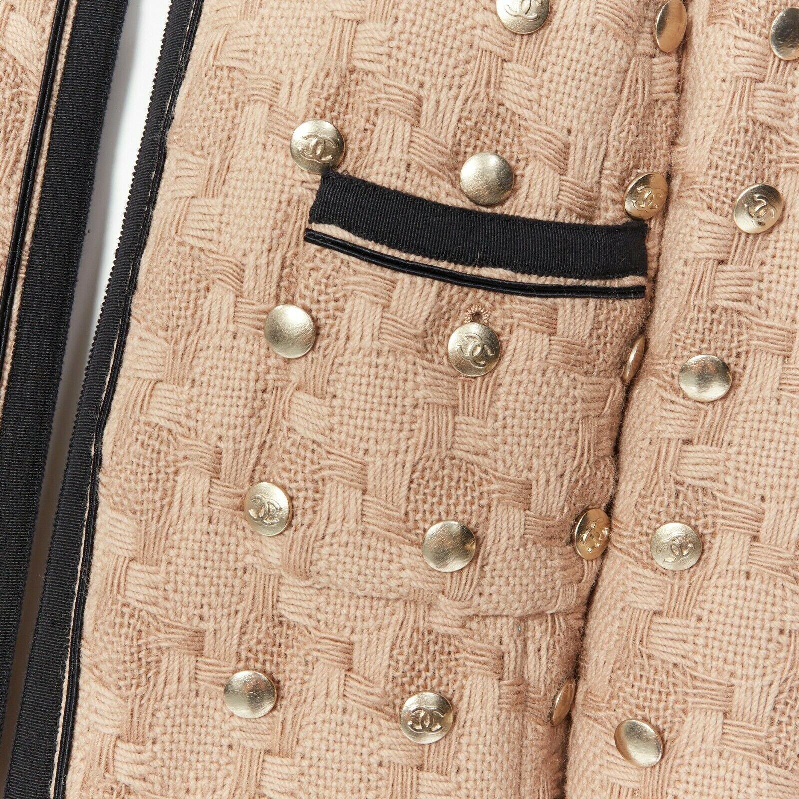 CHANEL 08A sand beige wool weave basket knit gold button embellish jacket FR44 3