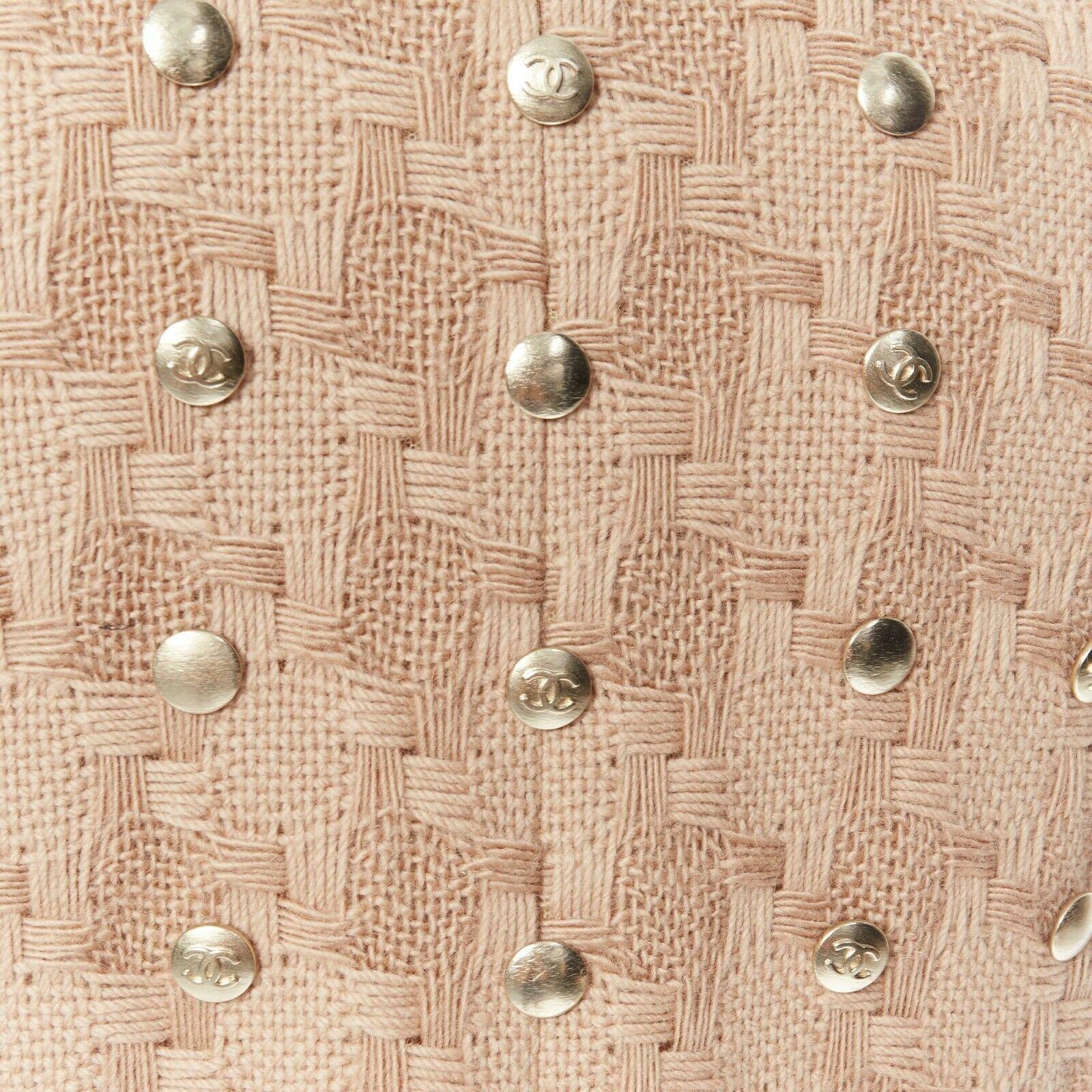 CHANEL 08A sand beige wool weave basket knit gold button embellish jacket FR44 4
