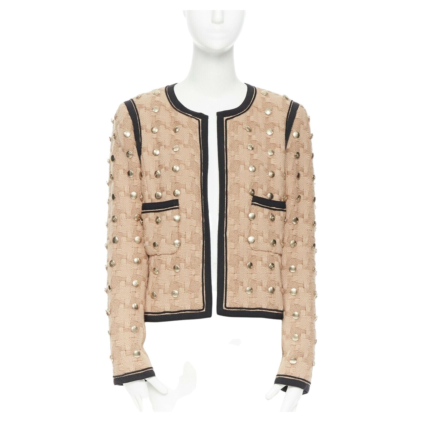 CHANEL 08A sand beige wool weave basket knit gold button embellish jacket FR44
