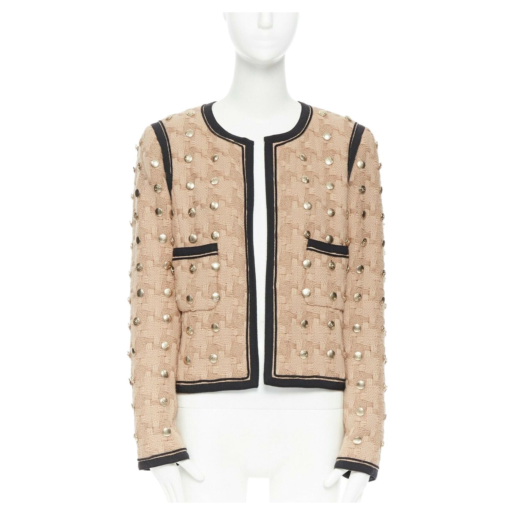 CHANEL 08A sand beige wool weave basket knit gold button embellish jacket FR44