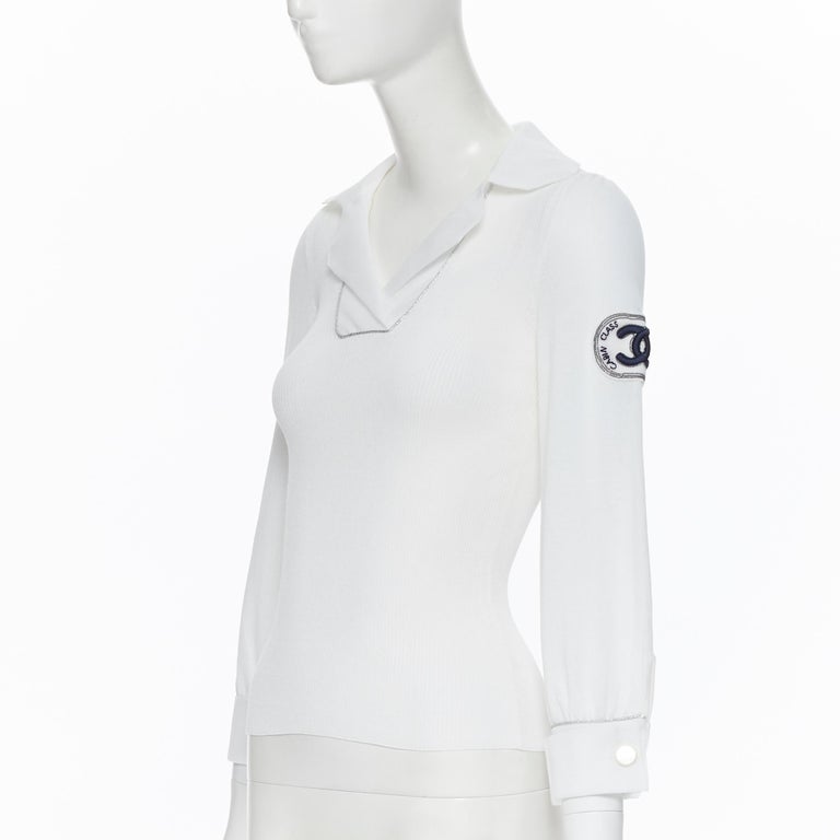 CHANEL 08C Coco Line Cabin Class CC logo embroidery ribbed polo top FR36 XS  at 1stDibs