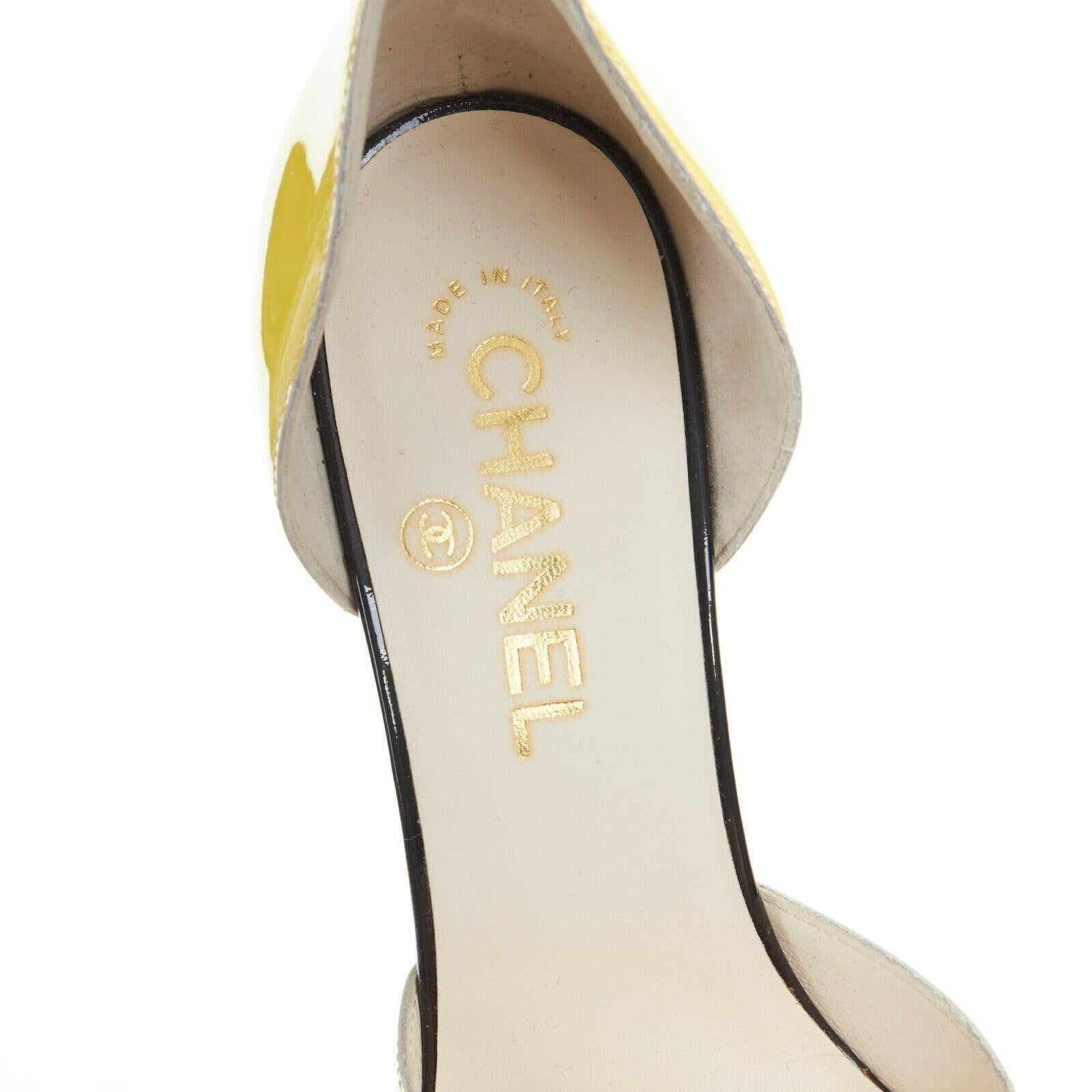 CHANEL 08C yellow black patent T-strap changeable ribbed ankle spck pump EU37 5