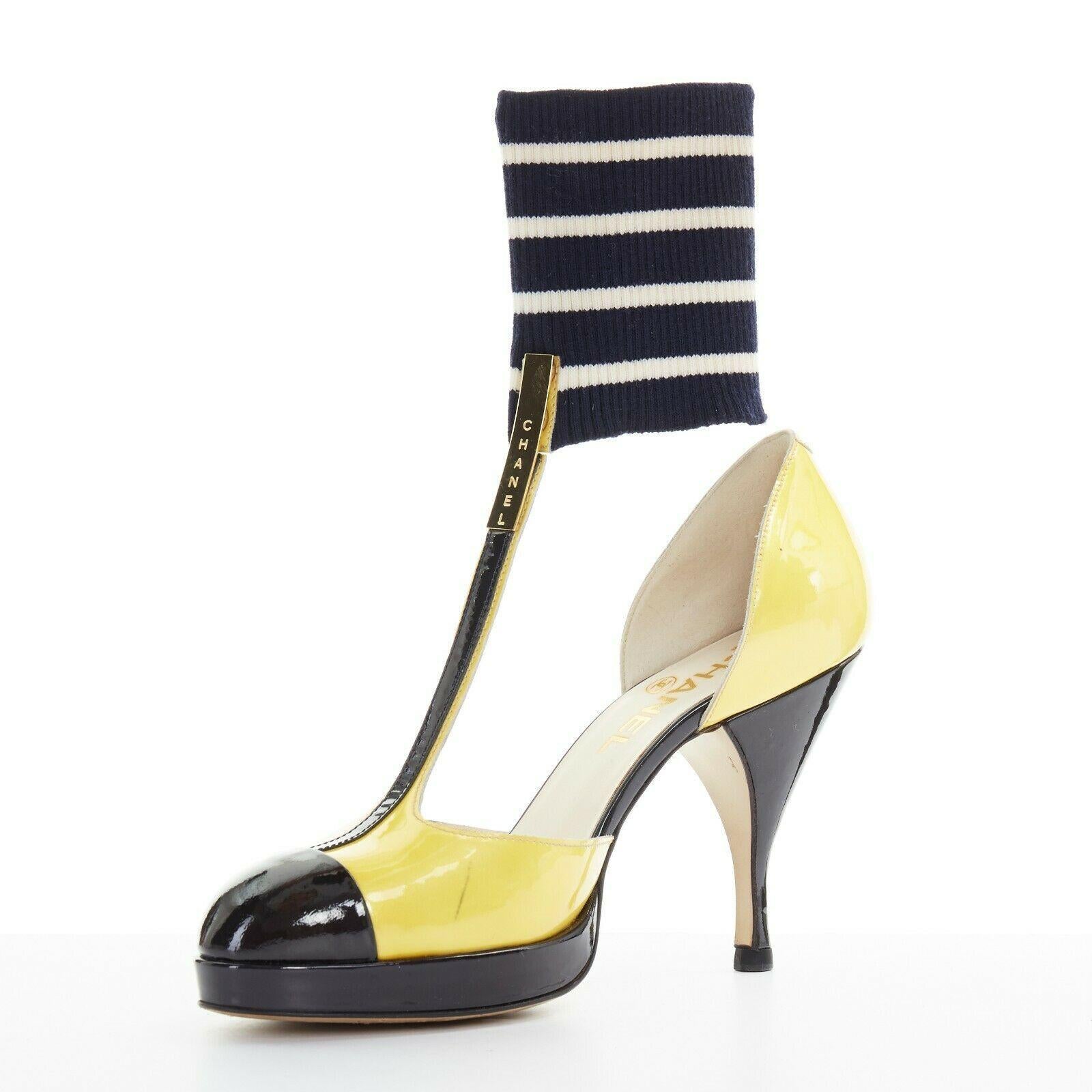 CHANEL 08C yellow black patent T-strap changeable ribbed ankle spck pump EU37 In Good Condition In Hong Kong, NT