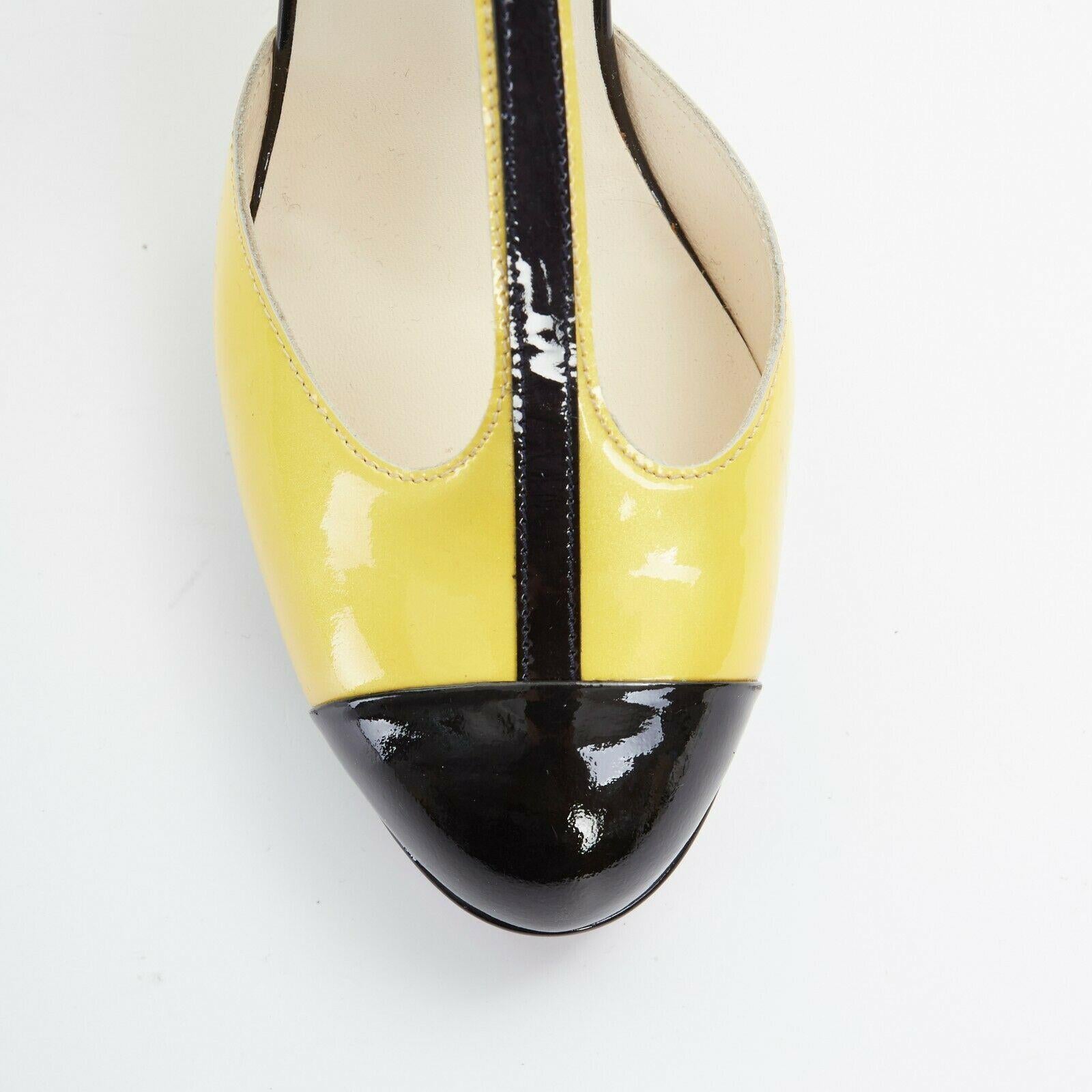 CHANEL 08C yellow black patent T-strap changeable ribbed ankle spck pump EU37 1