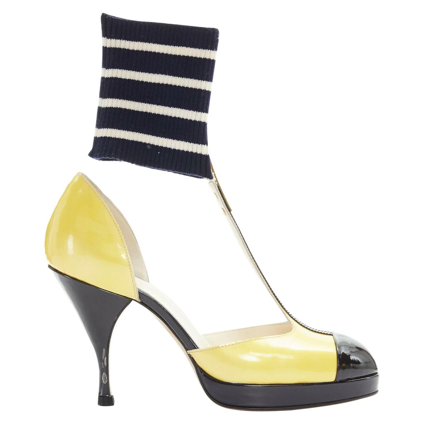 CHANEL 08C yellow black patent T-strap changeable ribbed ankle spck pump EU37