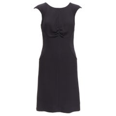 CHANEL 08P black 100% silk ruched front boned waist shift dress FR34 XS