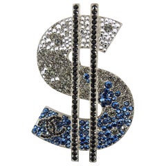 Chanel 08P Crystal Strass CC Dollar Sign Brooch Pin