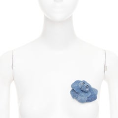 CHANEL 08P Denim Camellia Flower Corsage blue frayed cotton pin brooch