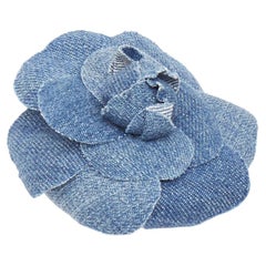 CHANEL 08P Denim Camellia Flower Corsage blue frayed cotton pin brooch