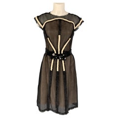 CHANEL 08P Size 6 Black White Silk Applique A-Line Cocktail Dress