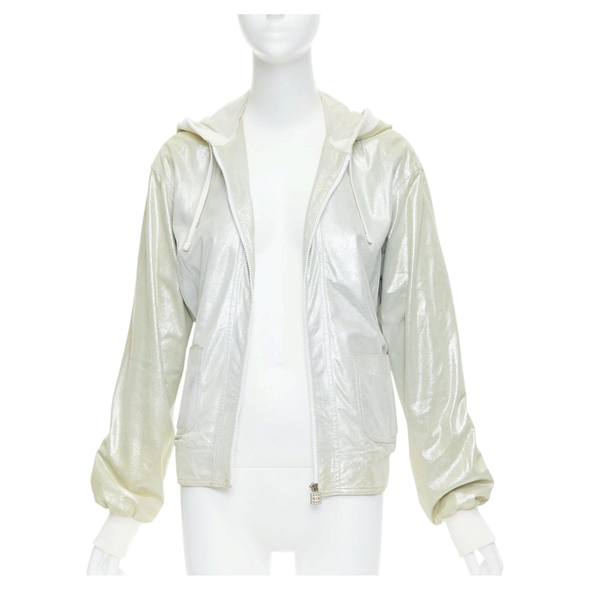 CHANEL 08P Vintage metallic lambskin leather rib trim hooded zip jacket FR38 M