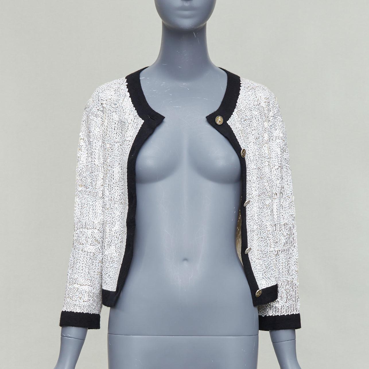 Gray CHANEL 08P white printed sequins beige cashmere black trim cardigan FR34 XS For Sale