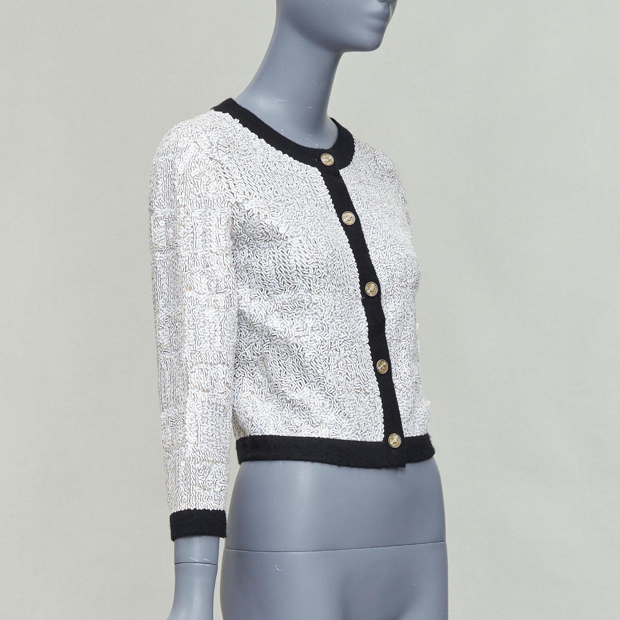 CHANEL 08P white printed sequins beige cashmere black trim cardigan FR34 XS In Excellent Condition For Sale In Hong Kong, NT