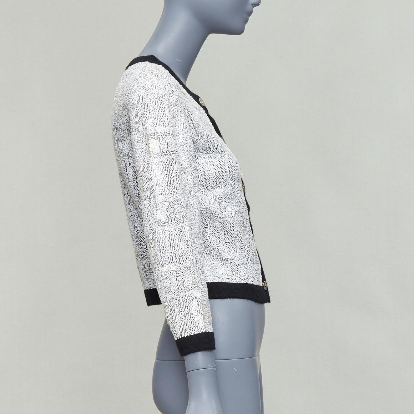 Women's CHANEL 08P white printed sequins beige cashmere black trim cardigan FR34 XS For Sale