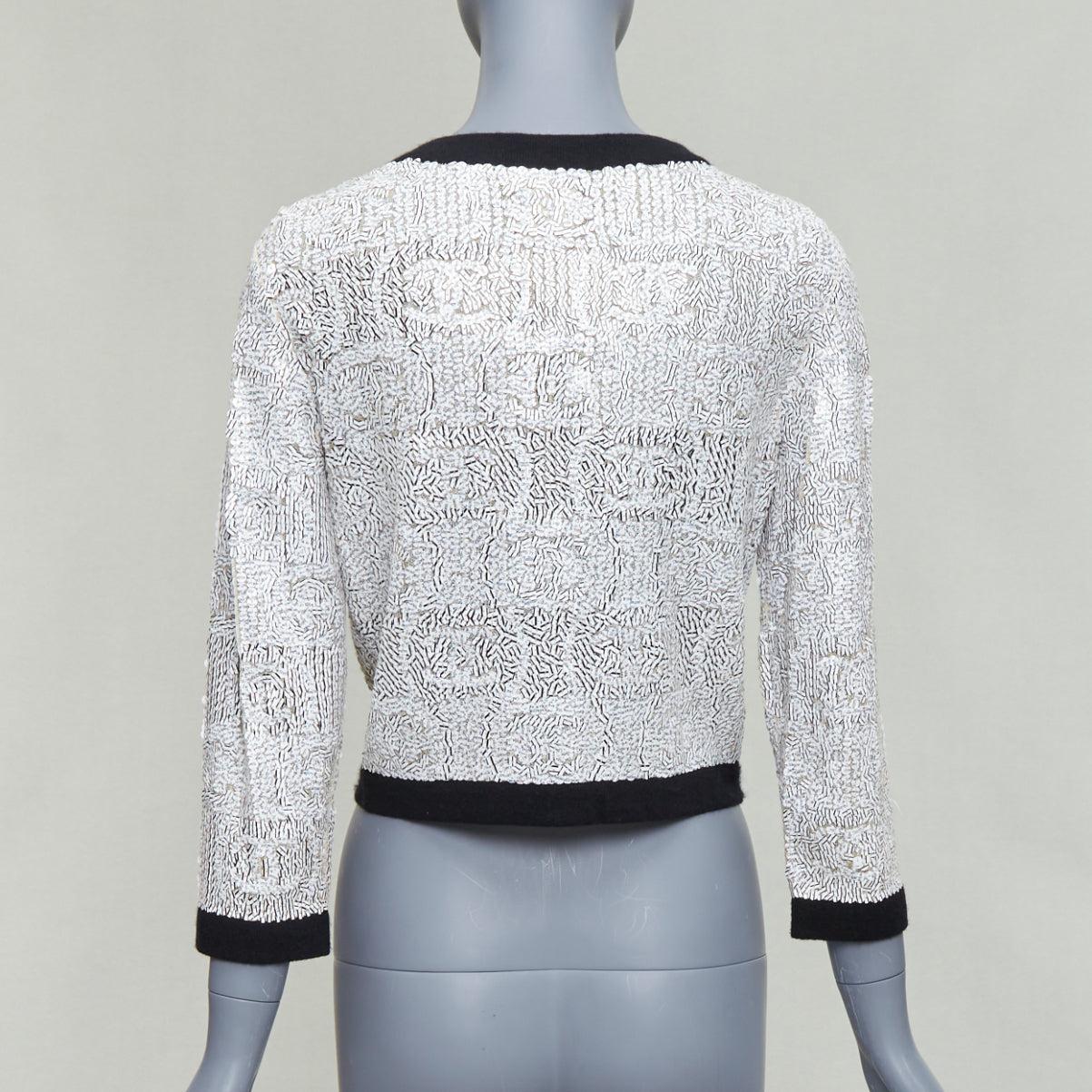 CHANEL 08P white printed sequins beige cashmere black trim cardigan FR34 XS For Sale 1