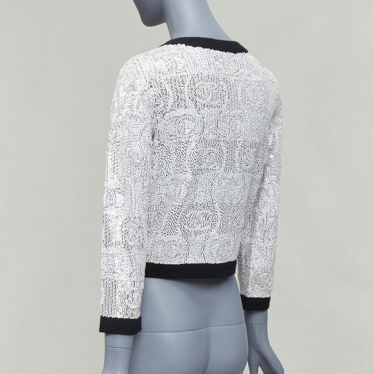 CHANEL 08P white printed sequins beige cashmere black trim cardigan FR34 XS For Sale 2