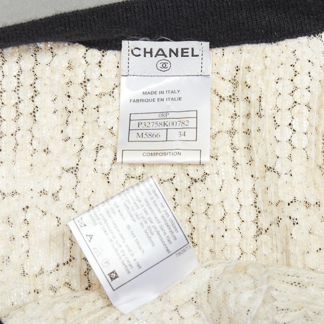 CHANEL 08P white printed sequins beige cashmere black trim cardigan FR34 XS For Sale 4