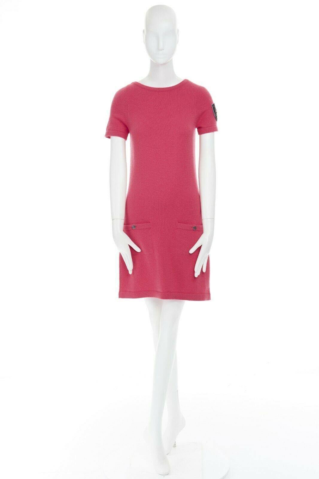 Pink CHANEL 09A 100% cashmere pink dual CC button pocket patched sleeve dress FR36 S