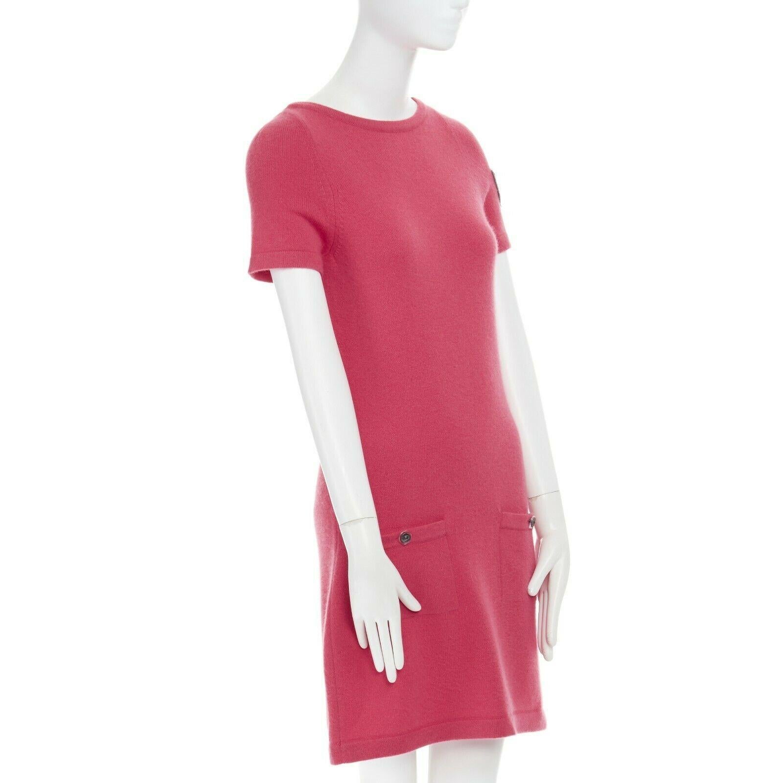 CHANEL 09A 100% cashmere pink dual CC button pocket patched sleeve dress FR36 S In Excellent Condition In Hong Kong, NT