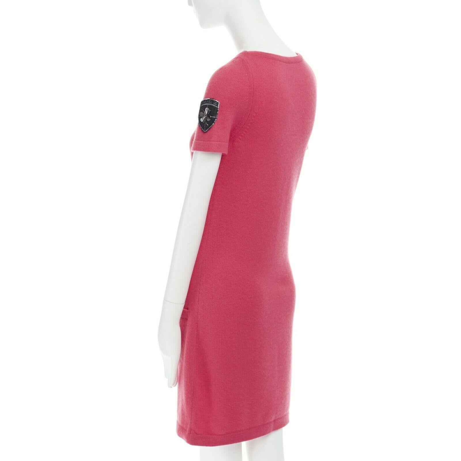 CHANEL 09A 100% cashmere pink dual CC button pocket patched sleeve dress FR36 S 2