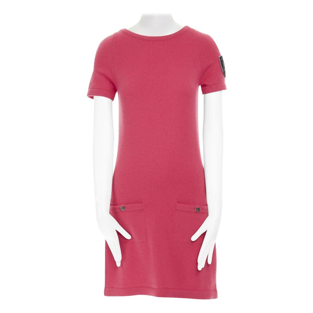CHANEL 09A 100% cashmere pink dual CC button pocket patched sleeve dress FR36 S